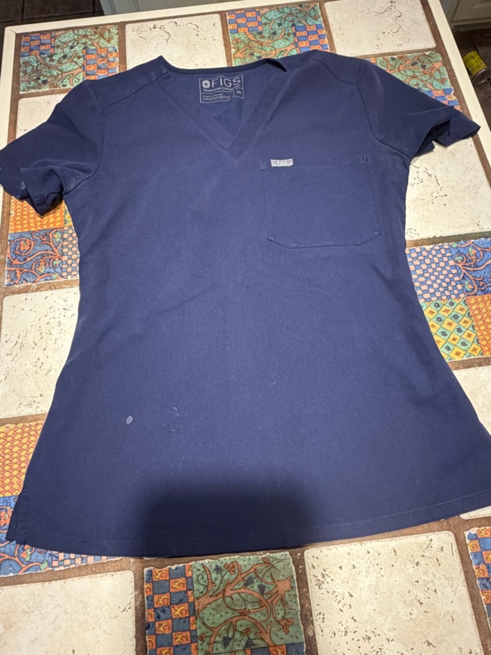 Figs Navy V-Neck Scrub Top with Chest Pocket